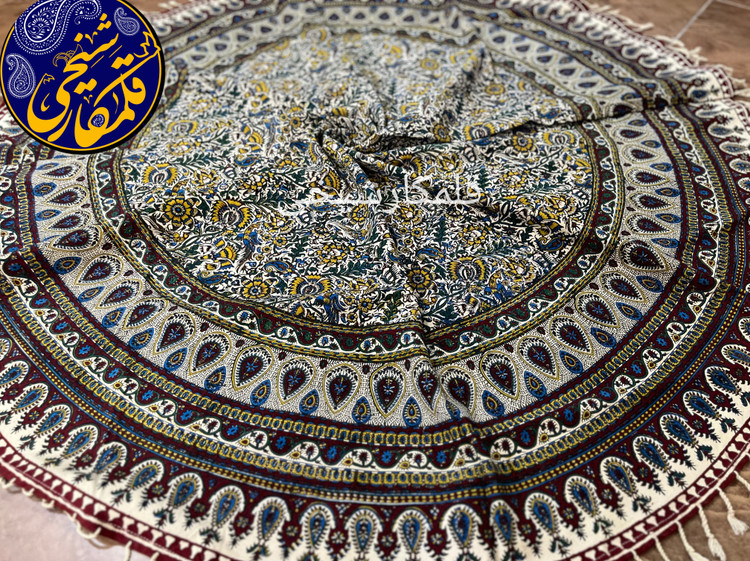 رومیزی گرد چاپ قلمکار شیخی قطر ۱۵۰ طرح گل و ترنج صادراتی