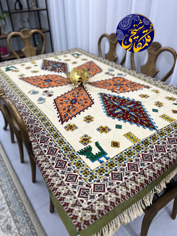 رومیزی چاپ قلمکار شیخی سایز ۱۳۵ در ۲۰۰ طرح گلیم