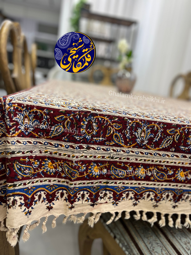 رومیزی قلمکار شیخی - طرح گلریز بادامی سایز ۲۴۰×۱۶۰ سانتیمتر