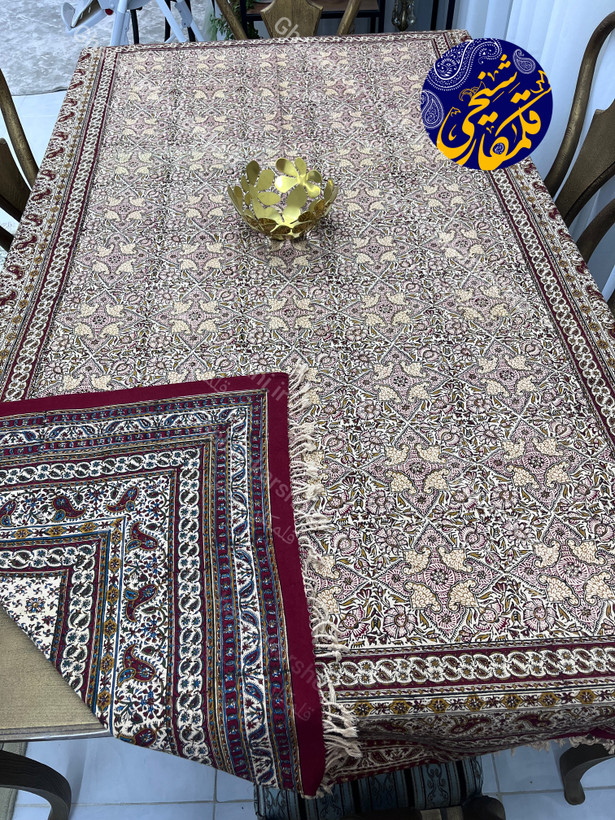 رومیزی چاپ قلمکار شیخی سایز 160 در 240 طرح دو رو (بند رومی و ایوان عالیقاپو)