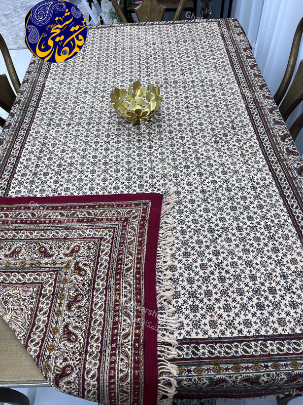 رومیزی چاپ قلمکار شیخی سایز 160 در 240 طرح دو رو (بند رومی و ایوان عالیقاپو)