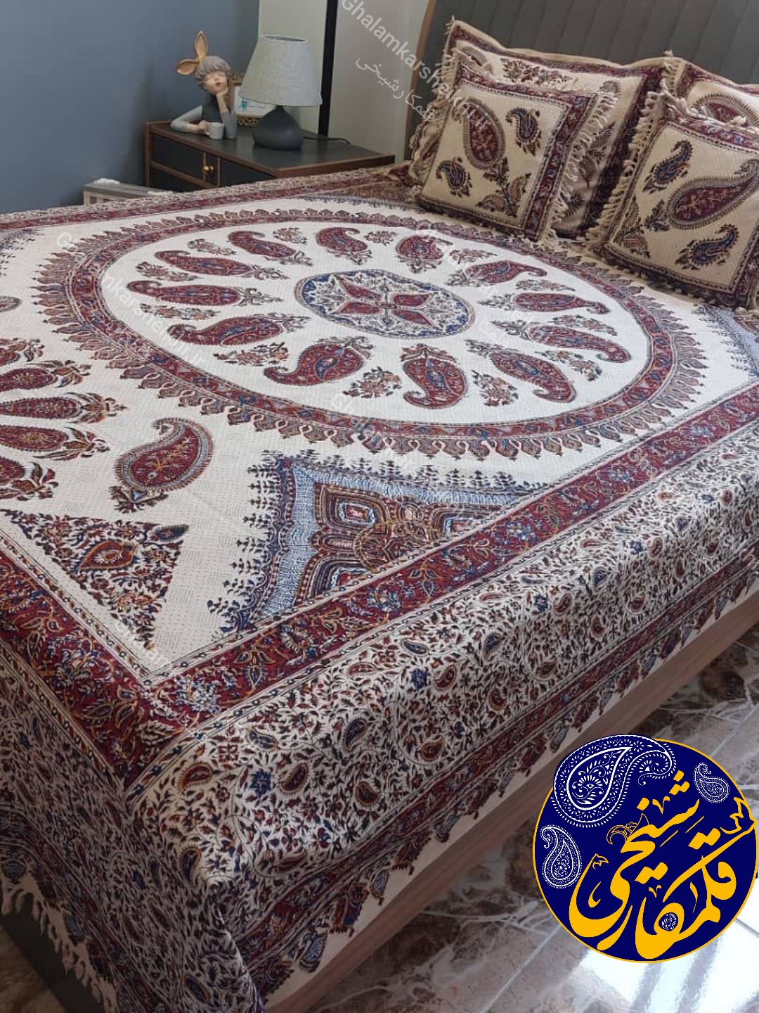 ست رو تختی دونفره قلمکار شیخی سایز 220 در 280 طرح بته جقه