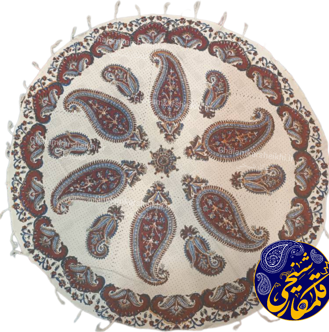رومیزی گرد چاپ قلمکار شیخی سایز قطر ۸۰ طرح بته جقه