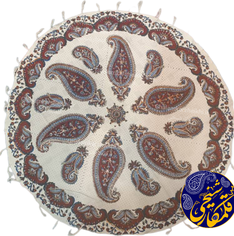 رومیزی گرد چاپ قلمکار شیخی سایز قطر ۸۰ طرح بته جقه