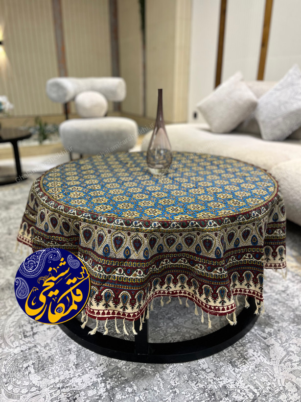 رومیزی گرد طرح صندوقی قطر 150 سانتی متر | نخ 100 درصد پنبه | کار اعلا صادراتی قلمکار شیخی