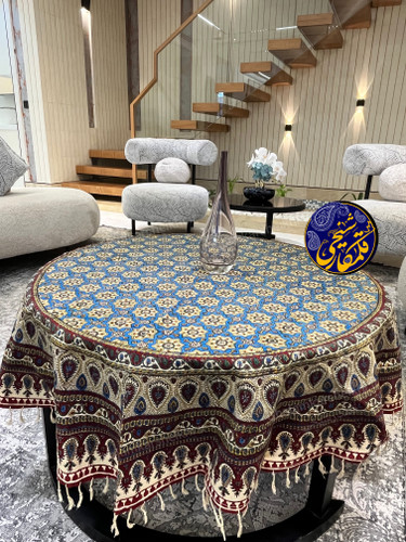 رومیزی گرد طرح صندوقی قطر 150 سانتی متر | نخ 100 درصد پنبه | کار اعلا صادراتی قلمکار شیخی