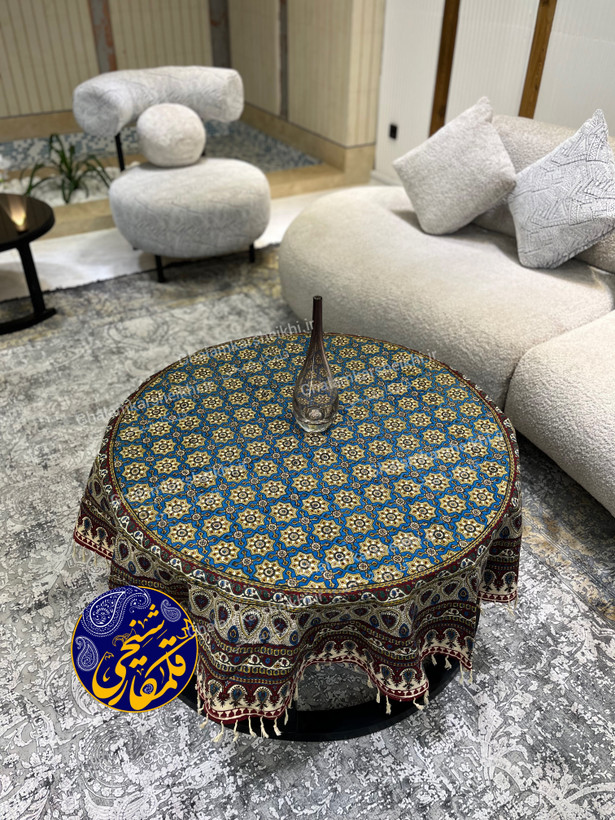 رومیزی گرد طرح صندوقی قطر 150 سانتی متر | نخ 100 درصد پنبه | کار اعلا صادراتی قلمکار شیخی