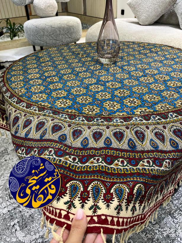 رومیزی گرد طرح صندوقی قطر 150 سانتی متر | نخ 100 درصد پنبه | کار اعلا صادراتی قلمکار شیخی