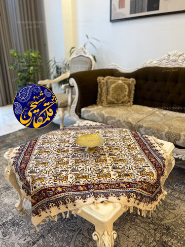 رومیزی قلمکار طرح چوگان بازی ایرانی 100×100 | پنبه پنبه اعلا | صنایع دستی قلمکار شیخی