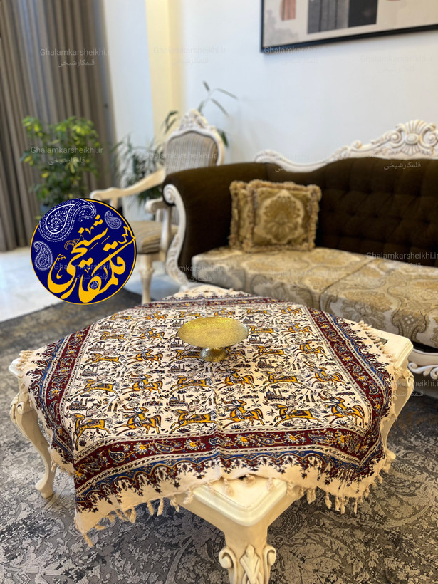 رومیزی قلمکار طرح چوگان بازی ایرانی 100×100 | پنبه پنبه اعلا | صنایع دستی قلمکار شیخی