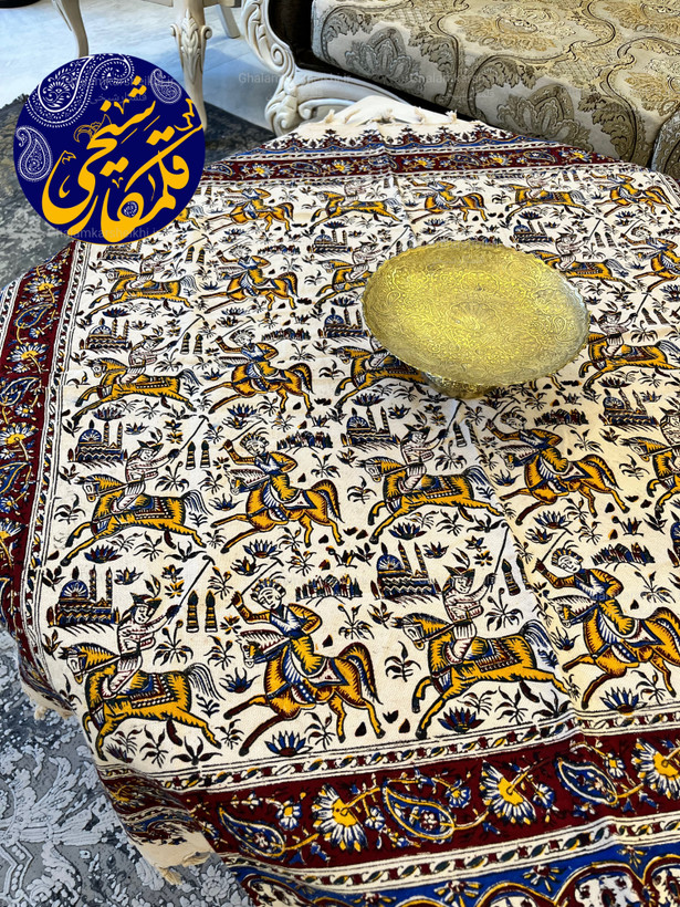 رومیزی قلمکار طرح چوگان بازی ایرانی 100×100 | پنبه پنبه اعلا | صنایع دستی قلمکار شیخی