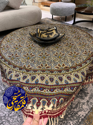 رومیزی گرد چاپ قلمکار شیخی قطر ۱۵۰ طرح بته چهار سر صادراتی