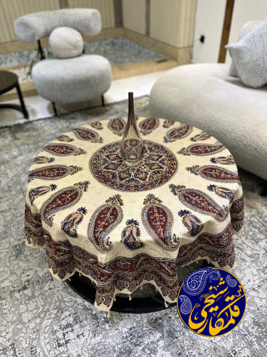 رومیزی گرد چاپ قلمکار شیخی قطر ۱۵۰ طرح بته جقه ممتاز