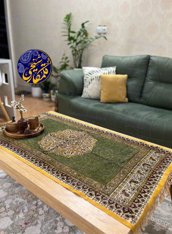 رانر رومیزی قلمکار شیخی ۶۰×۱۲۰ طرح ترنجی | رومیزی سنتی قابل شستشو و صادراتی