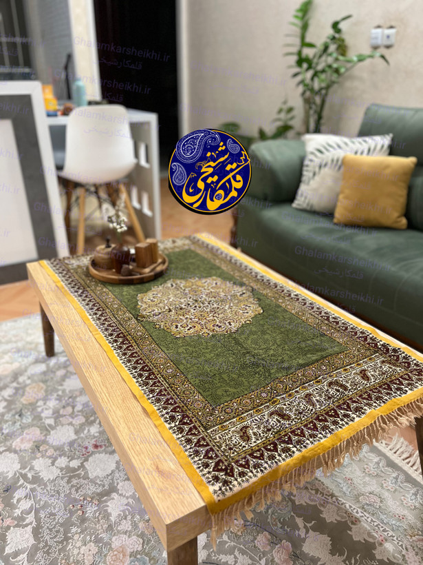رانر رومیزی قلمکار شیخی ۶۰×۱۲۰ طرح ترنجی | رومیزی سنتی قابل شستشو و صادراتی