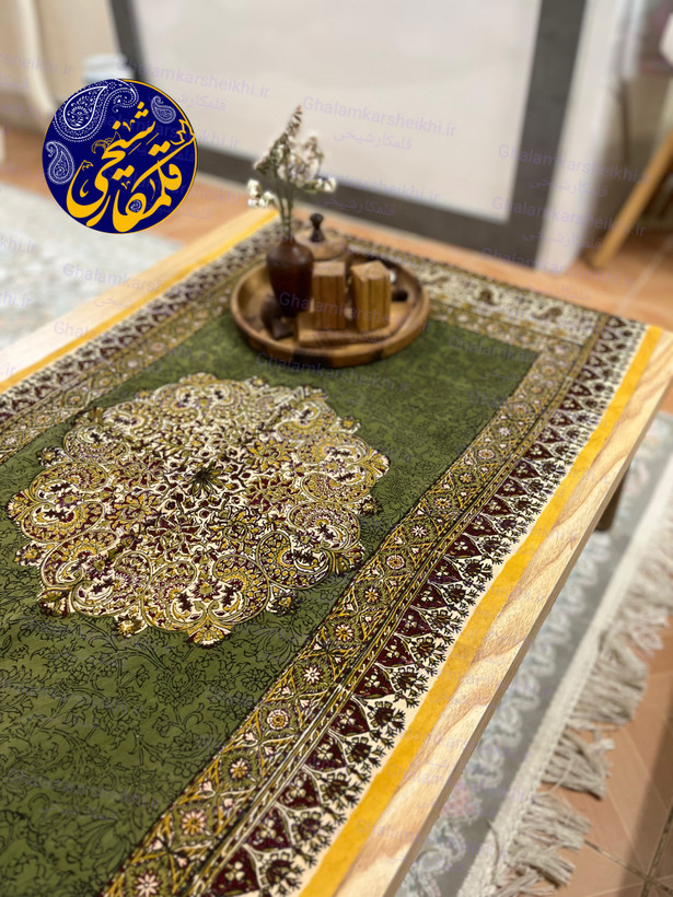 رانر رومیزی قلمکار شیخی ۶۰×۱۲۰ طرح ترنجی | رومیزی سنتی قابل شستشو و صادراتی