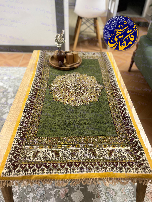رانر رومیزی قلمکار شیخی ۶۰×۱۲۰ طرح ترنجی | رومیزی سنتی قابل شستشو و صادراتی
