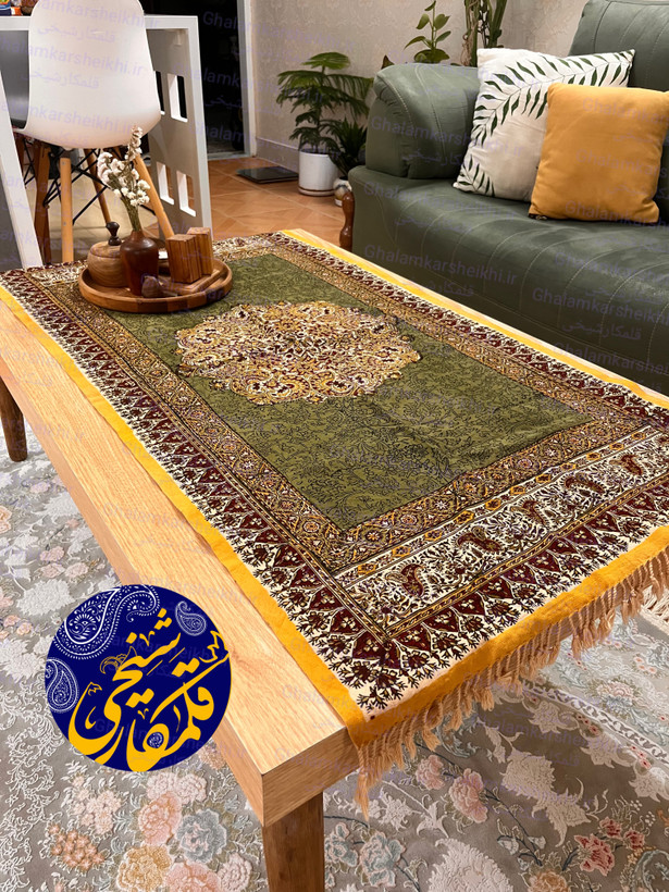 رانر رومیزی قلمکار شیخی ۶۰×۱۲۰ طرح ترنجی | رومیزی سنتی قابل شستشو و صادراتی