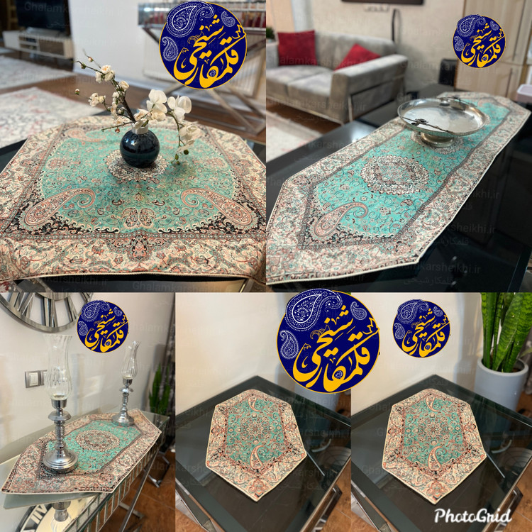 ترمه ۵ تکه طرح ترنجی فیروزهای پلیاستر درجه یک