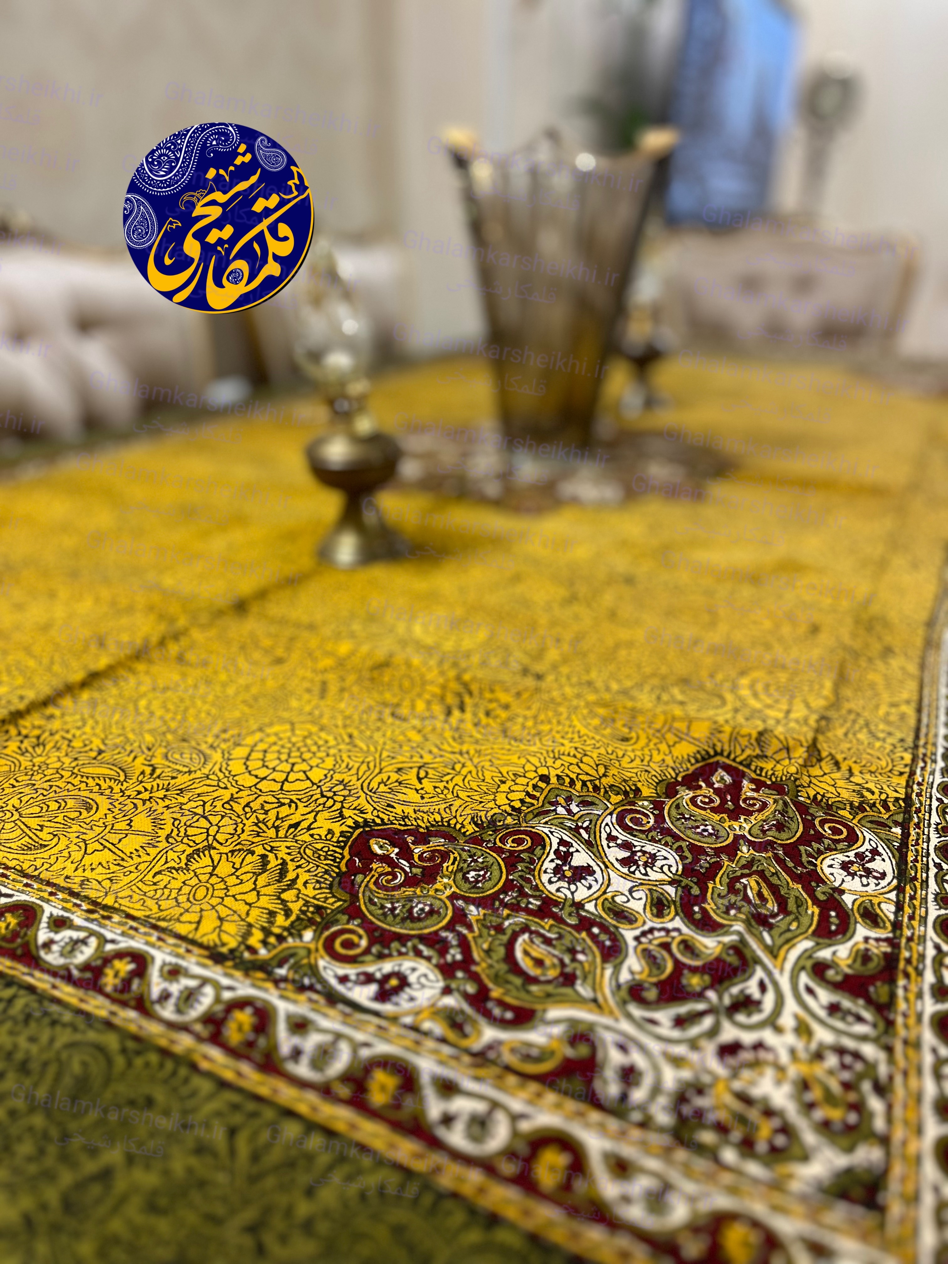 رومیزی چاپ قلمکار شیخی طرح بته ترنجی سایز ۱۳۵×۲۰۰