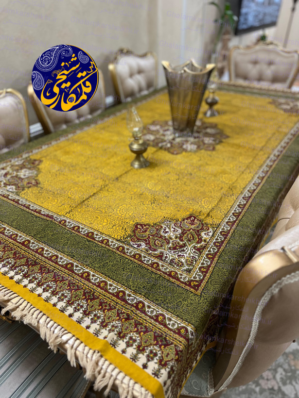 رومیزی چاپ قلمکار شیخی طرح بته ترنجی سایز ۱۳۵×۲۰۰
