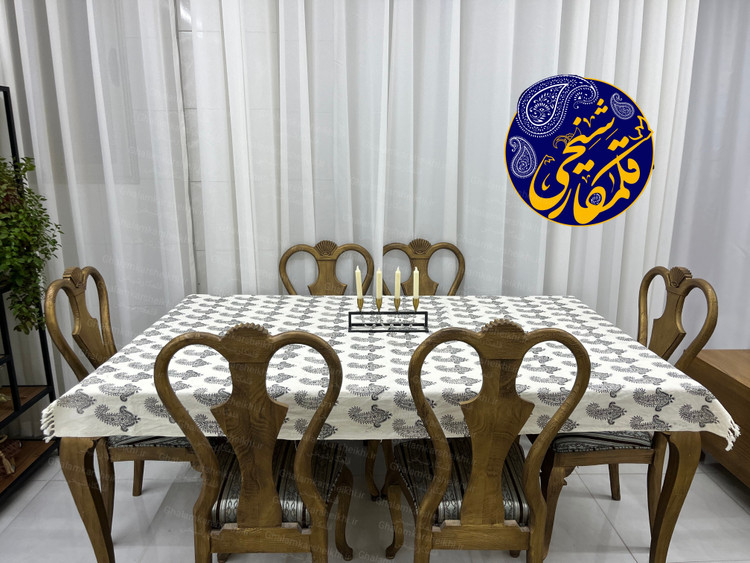 رومیزی چاپ قلمکار شیخی طرح بته سرکج سیاه قلم سایز ۱۳۵×۲۰۰