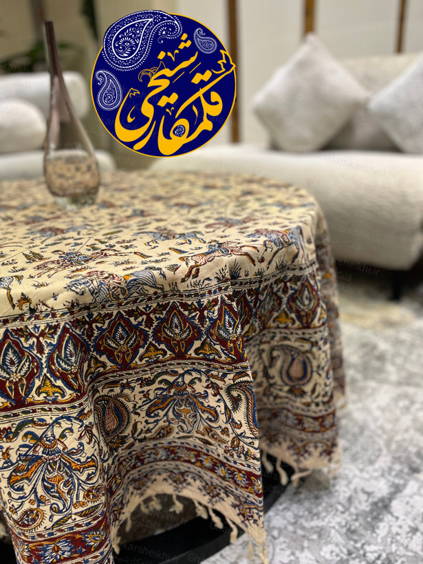 رومیزی گرد چاپ قلمکار شیخی طرح چوگان قطر ۱۸۰