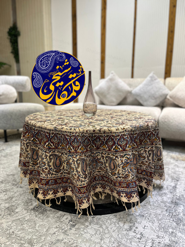 رومیزی گرد چاپ قلمکار شیخی طرح چوگان قطر ۱۸۰