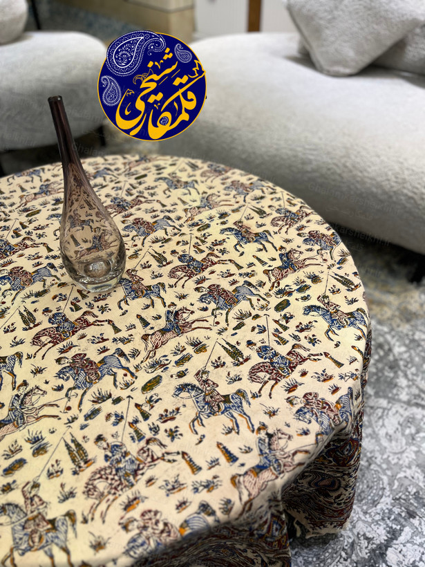 رومیزی گرد چاپ قلمکار شیخی طرح چوگان قطر ۱۸۰