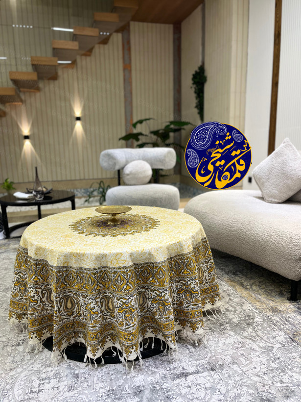 رومیزی گرد چاپ قلمکار شیخی طرح ترنجی قطر ۱۸۰