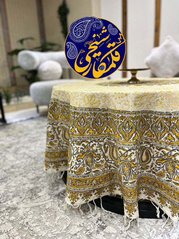 رومیزی گرد چاپ قلمکار شیخی طرح ترنجی قطر ۱۸۰
