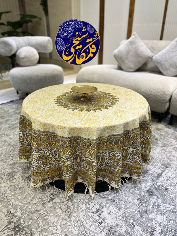 رومیزی گرد چاپ قلمکار شیخی طرح ترنجی قطر ۱۸۰