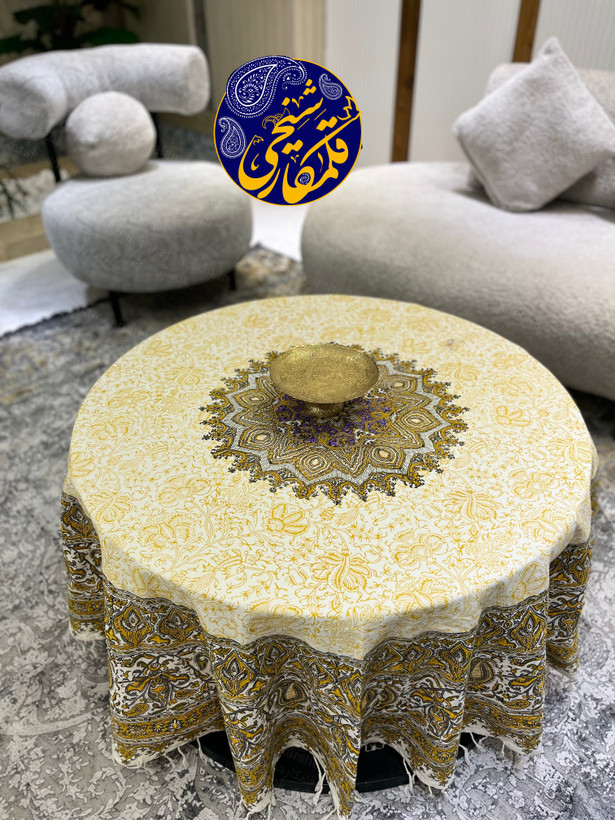 رومیزی گرد چاپ قلمکار شیخی طرح ترنجی قطر ۱۸۰