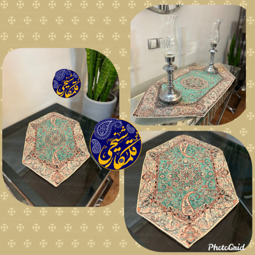 ترمه ۳ تکه طرح ترنجی فیروزهای پلیاستر درجه یک