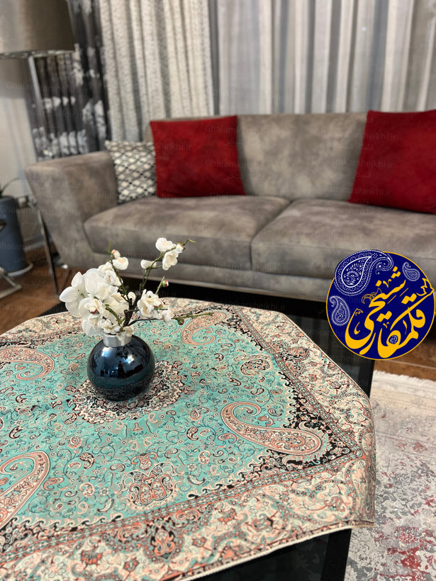 ترمه مربع تک طرح ترنجی فیروزهای پلیاستر درجه یک