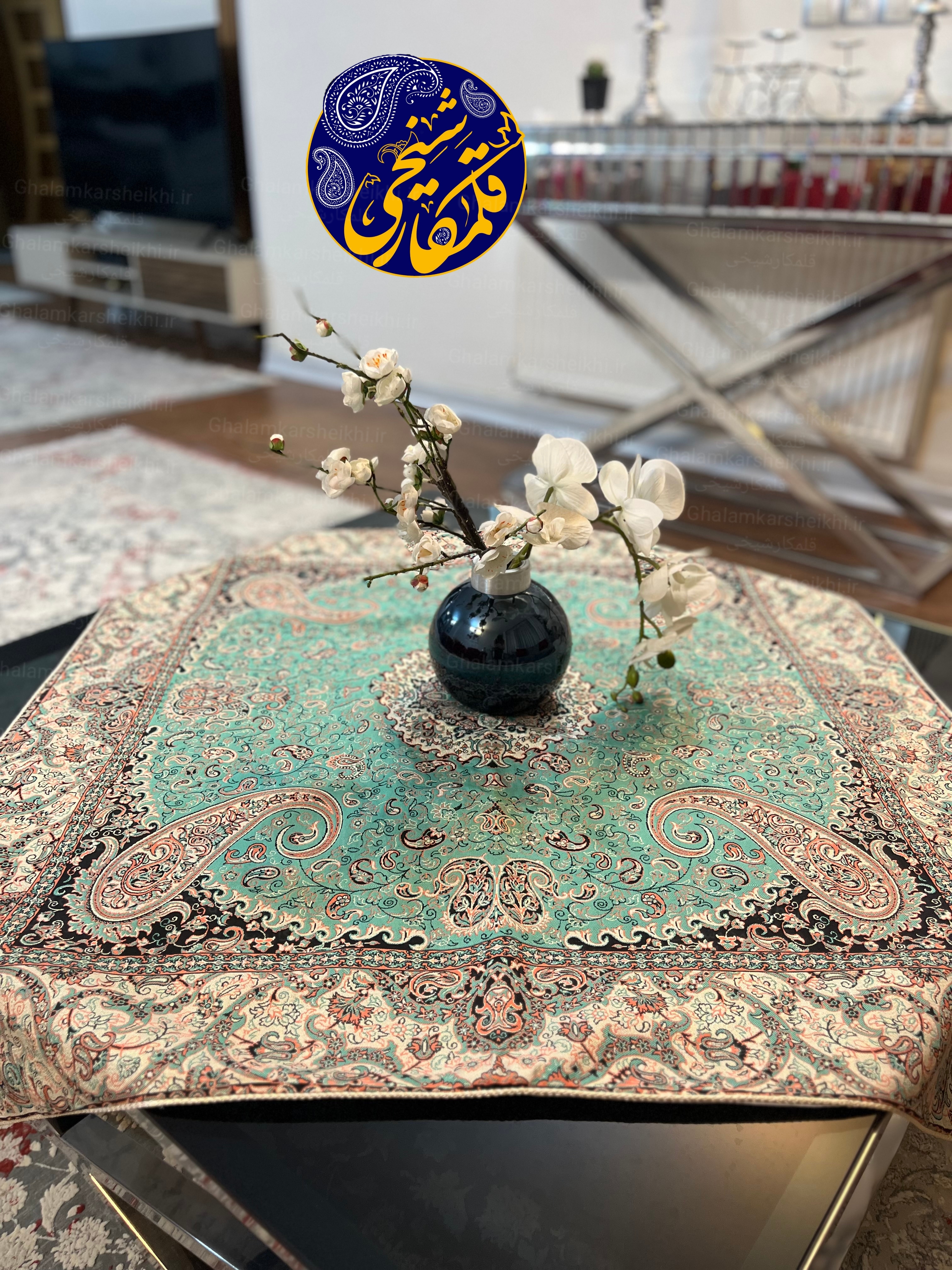 ترمه مربع تک طرح ترنجی فیروزه‌ای پلی‌استر درجه یک