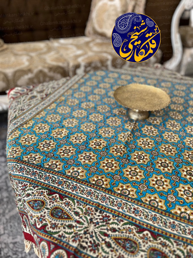 رومیزی چاپ قلمکار شیخی طرح صندوقی سایز ۱۲۰×۱۲۰ سانتیمتر