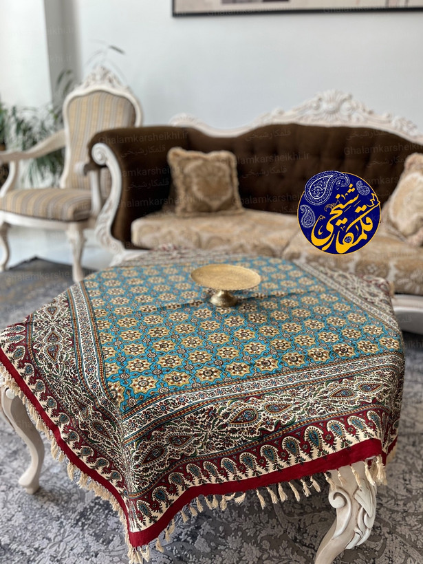 رومیزی چاپ قلمکار شیخی طرح صندوقی سایز ۱۲۰×۱۲۰ سانتیمتر