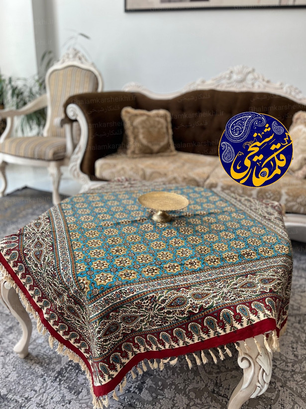 رومیزی چاپ قلمکار شیخی طرح صندوقی سایز ۱۲۰×۱۲۰ سانتیمتر
