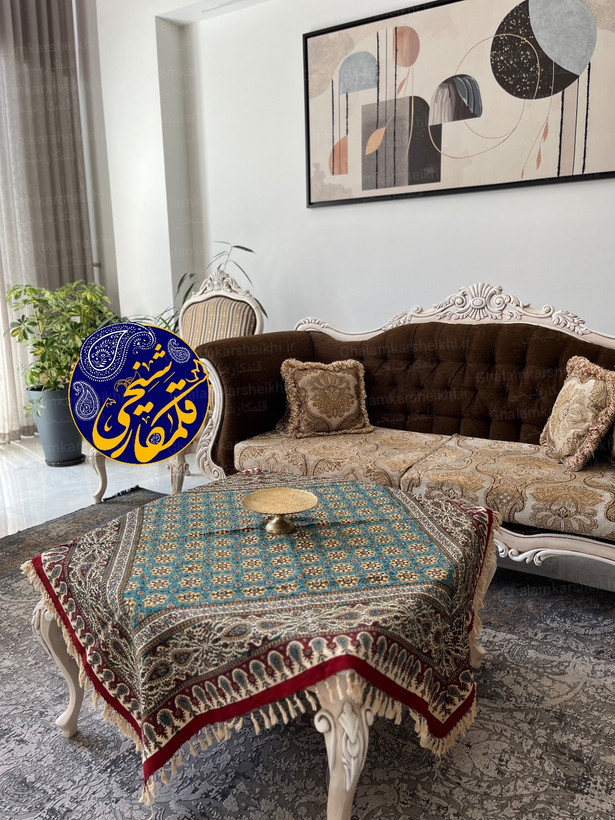 رومیزی چاپ قلمکار شیخی طرح صندوقی سایز ۱۲۰×۱۲۰ سانتیمتر