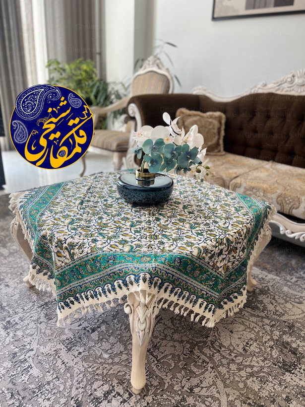 رومیزی چاپ قلمکار شیخی طرح گل و مرغ سایز ۱۲۰×۱۲۰ سانتیمتر